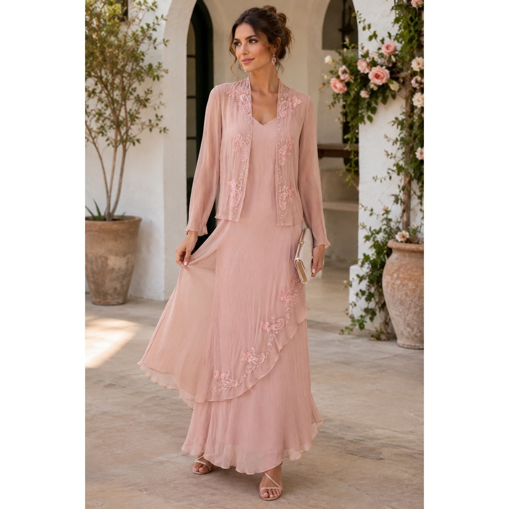 Scala Vintage 100% Silk Pink Beaded Floral Maxi Dress & Jacket Set Womens S